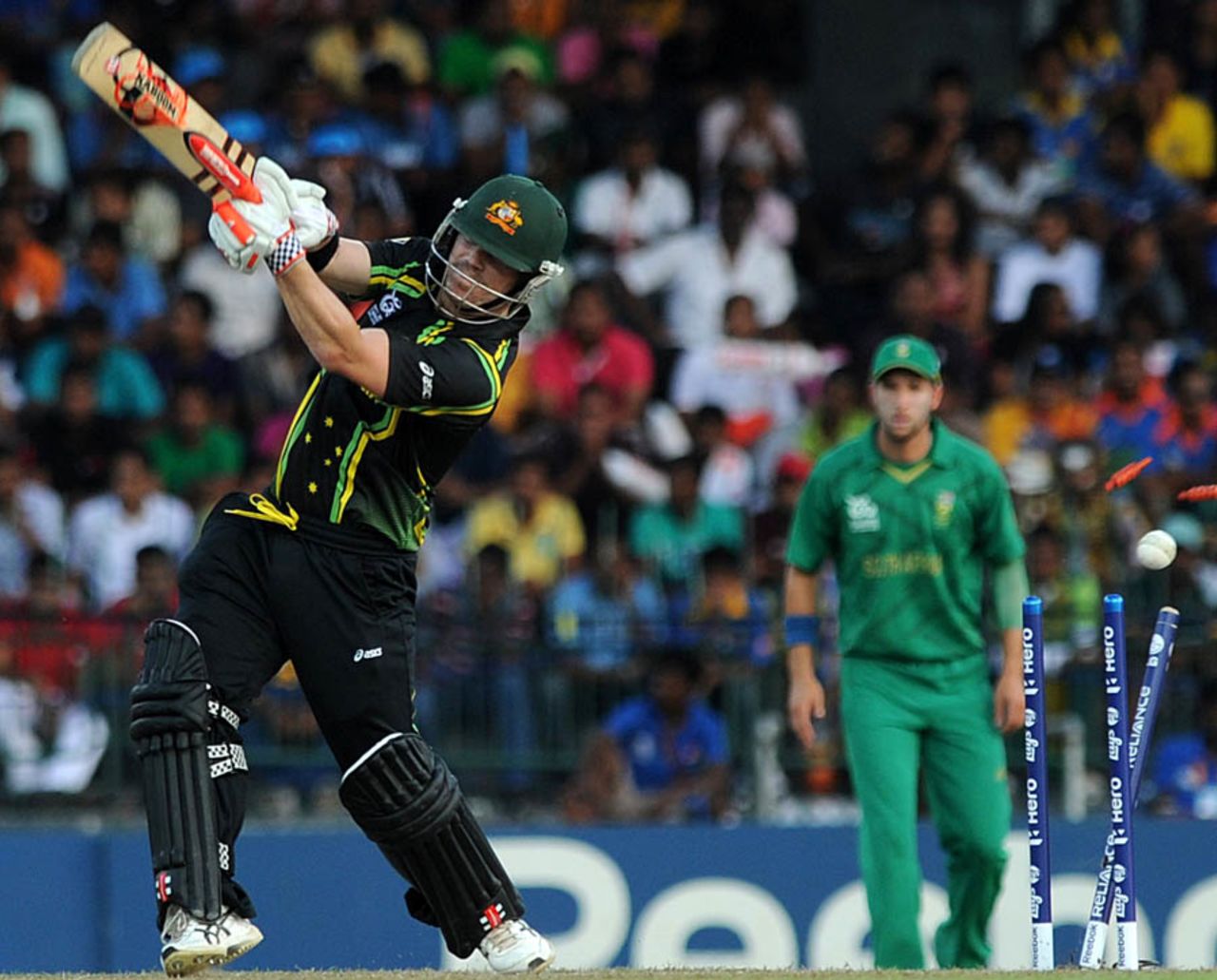 David Warner was bowled for 5, Australia v South Africa, Super Eights, World Twenty20, Colombo, September 30, 2012