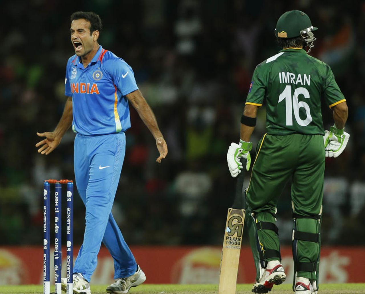 Irfan Pathan reacts after dismissing Imran Nazir, India v Pakistan, Super Eights, World Twenty20, Colombo, September 30, 2012