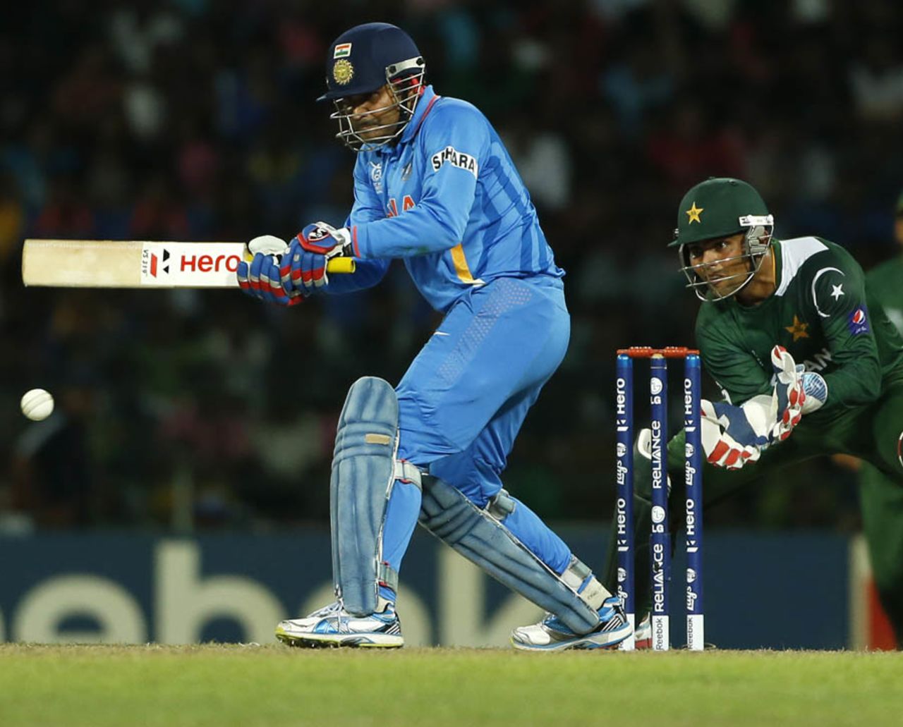 Virender Sehwag attempts a shot, India v Pakistan, Super Eights, World Twenty20, Colombo, September 30, 2012