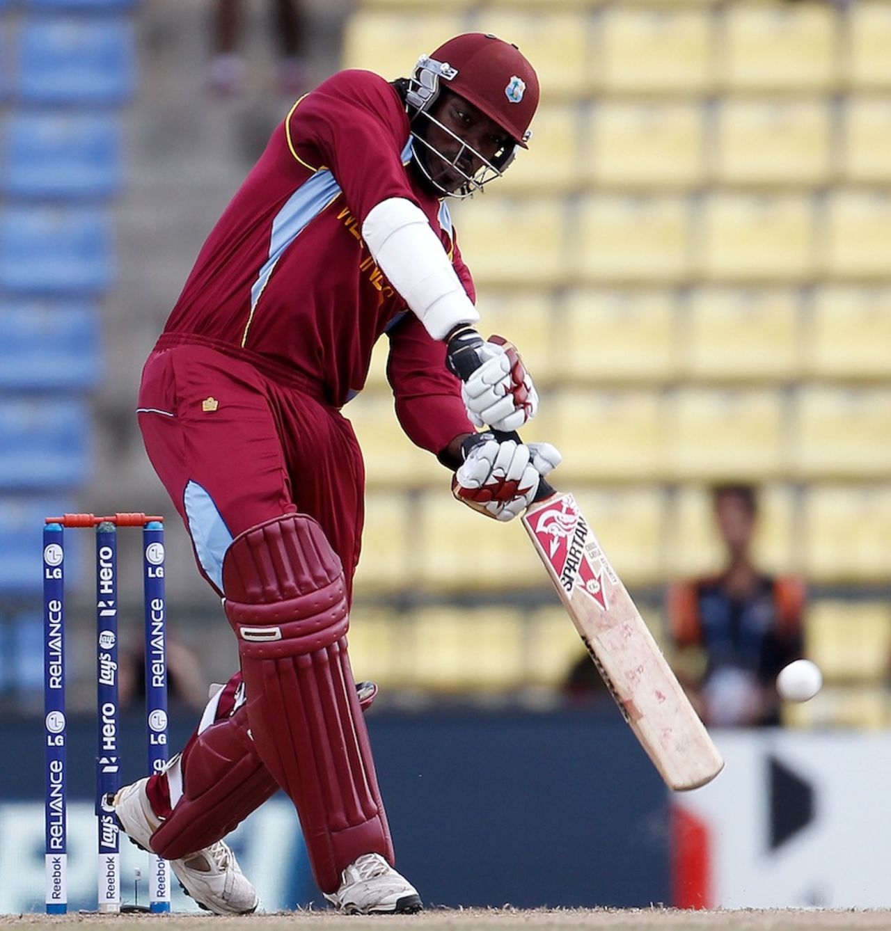 Chris Gayle launches into a shot, New Zealand v West Indies, Super Eights, World Twenty20 2012, Pallekele, October 1, 2012