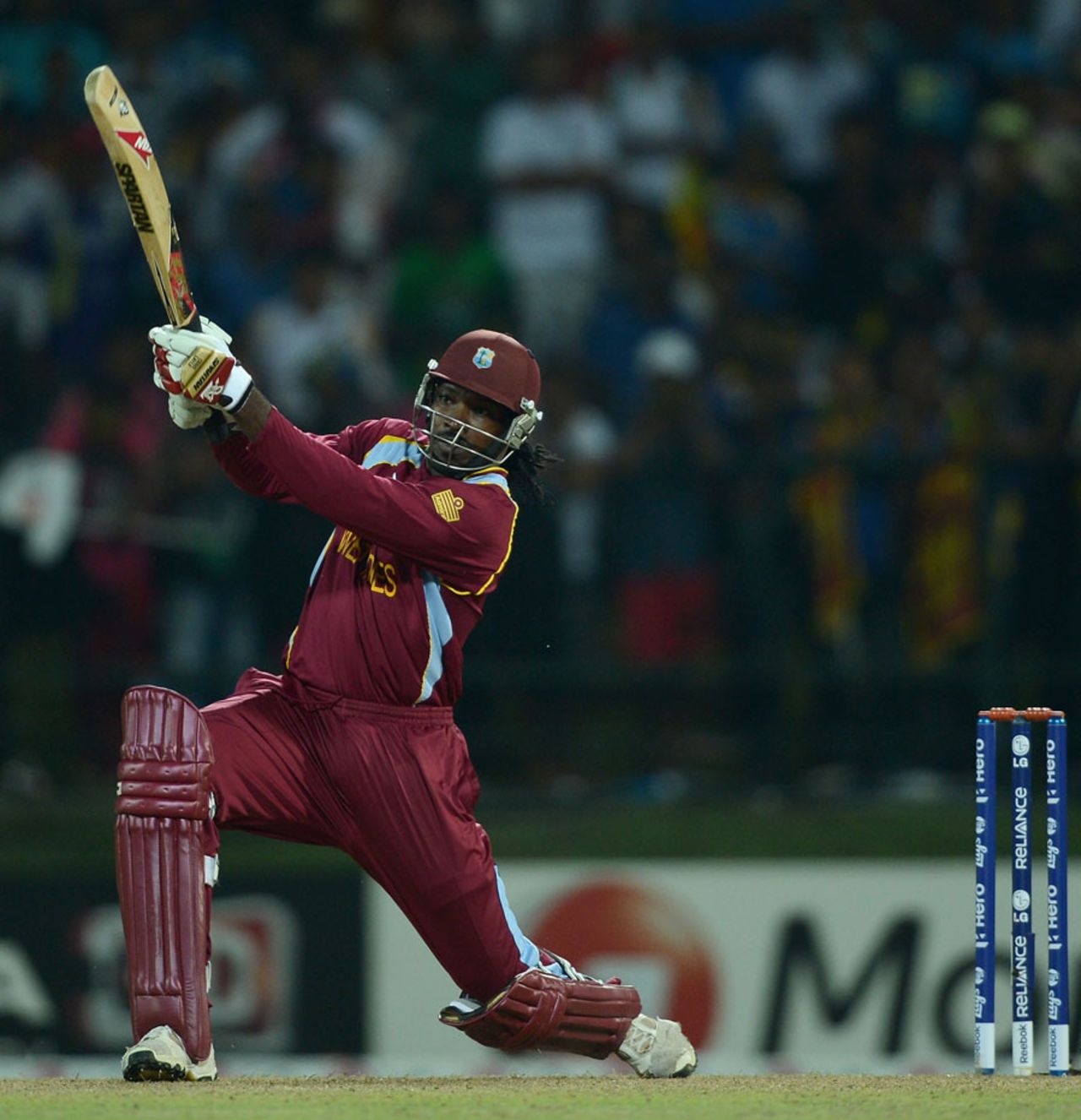 Chris Gayle launched a six off the first ball of the Super Over, New Zealand v West Indies, Super Eights, World Twenty20 2012, Pallekele, October 1, 2012