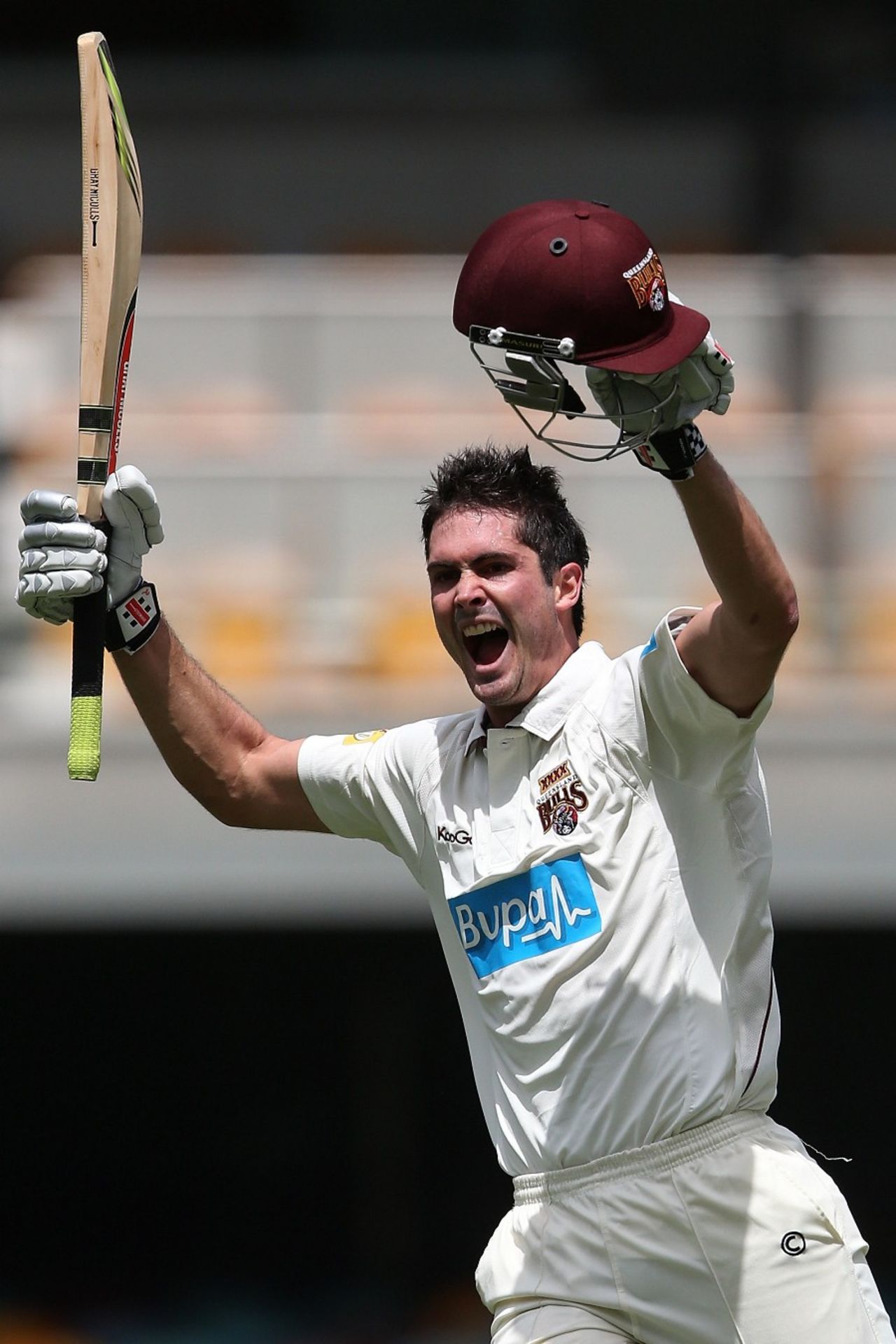 Ben Cutting celebrates his maiden first-class hundred, Queensland v South Australia, Sheffield Shield, Brisbane, 2nd day, October 2, 2012