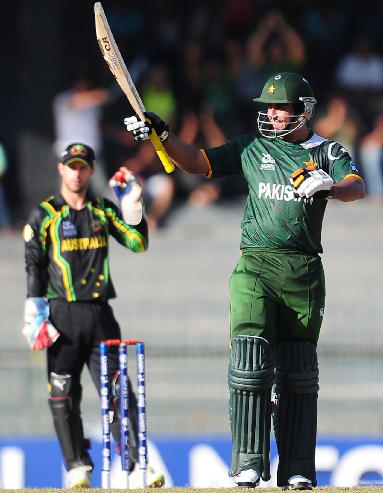 Nasir Jamshed raises his bat after his fifty, Australia v Pakistan, Super Eights, World Twenty20 2012, Colombo, October 2, 2012