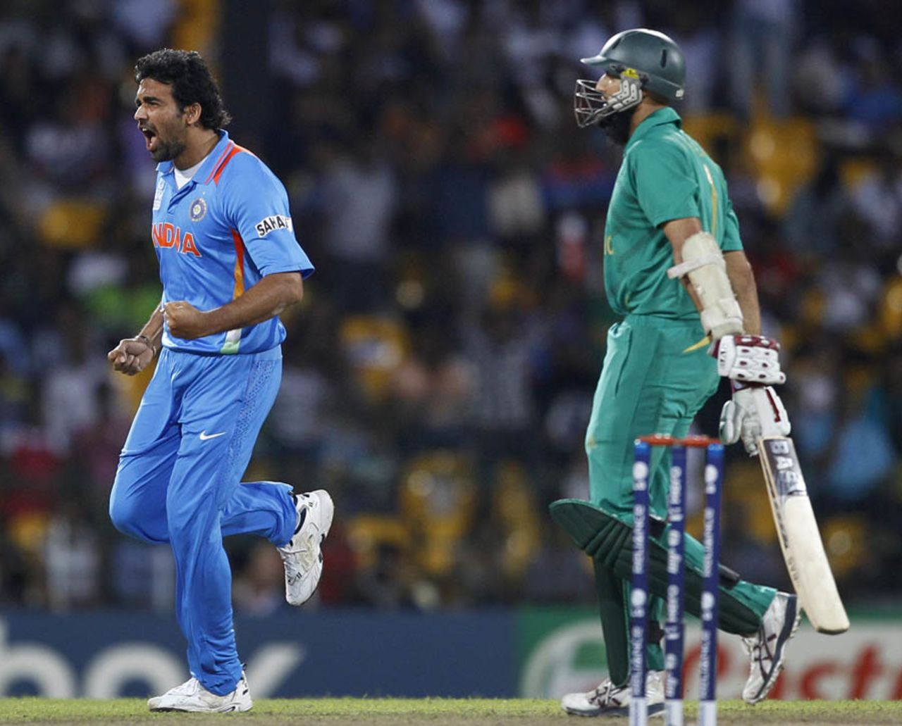 Zaheer Khan celebrates Hashim Amla's wicket, India v South Africa, Super Eights, World Twenty20, Colombo, October 2, 2012