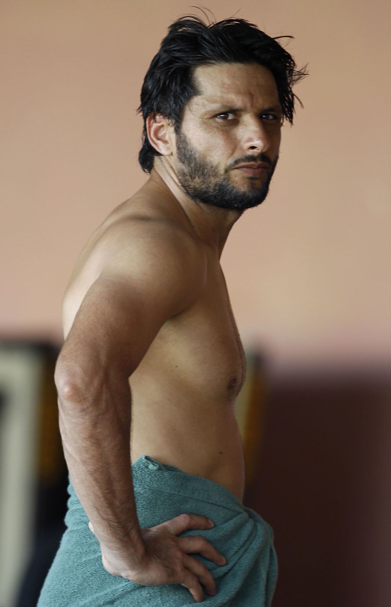 Shahid Afridi takes a break after a batting session on the eve of the semi-final against Sri Lanka, World Twenty20, Colombo, October 3, 2012
