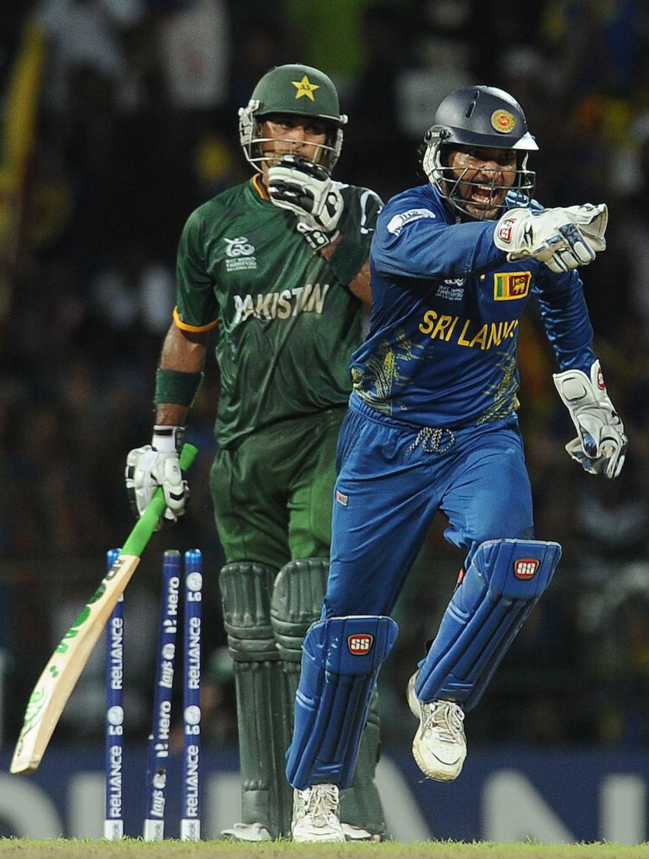 Kumar Sangakkara celebrates after stumping Mohammad Hafeez, Sri Lanka v Pakistan, 1st semi-final, World Twenty20, Colombo, October 4, 2012