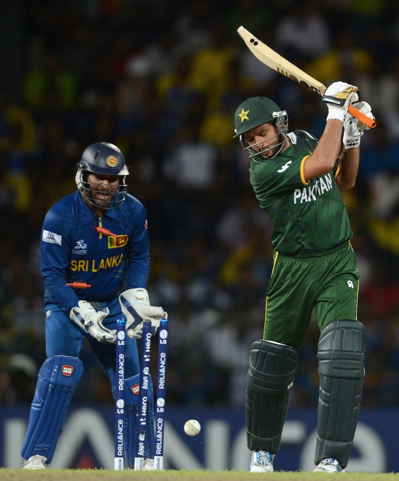 Shahid Afridi was bowled first ball by Rangana Herath, Sri Lanka v Pakistan, 1st semi-final, World Twenty20, Colombo, October 4, 2012