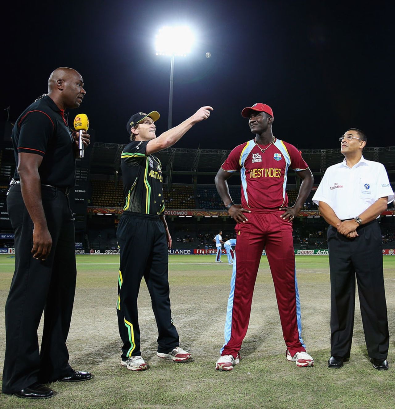 Darren Sammy calls correctly and decides to bat first, Australia v West Indies, 2nd semi-final, World Twenty20 2012, Colombo, October 5, 2012