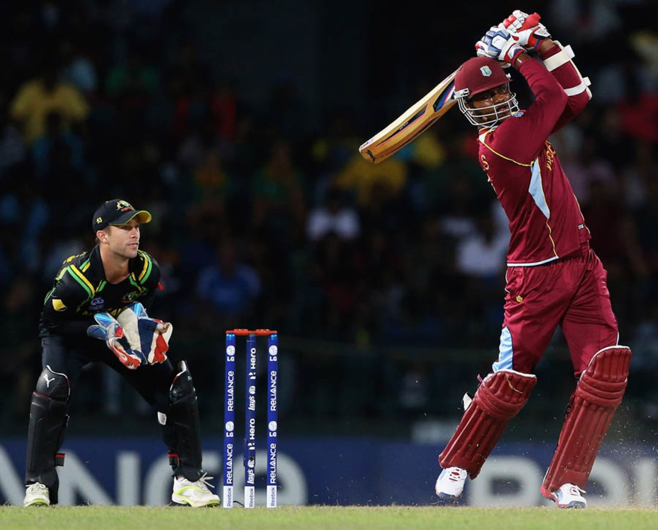 Marlon Samuels plays an aggressive shot, Australia v West Indies, 2nd semi-final, World Twenty20 2012, Colombo, October 5, 2012
