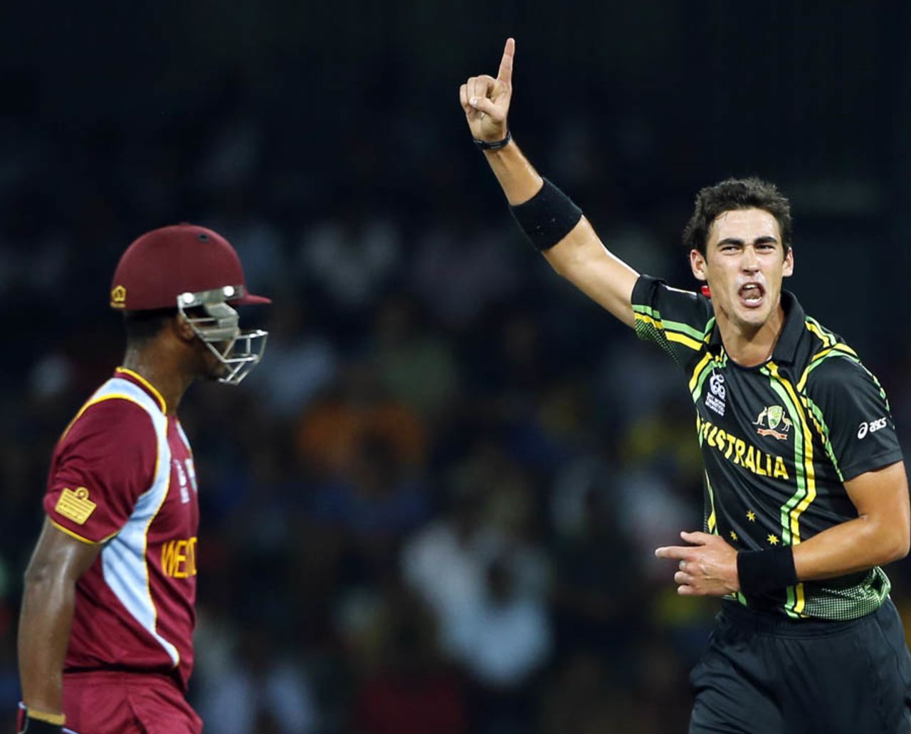 Johnson Charles is dismissed by Mitchell Starc, Australia v West Indies, 2nd semi-final, World Twenty20 2012, Colombo, October 5, 2012