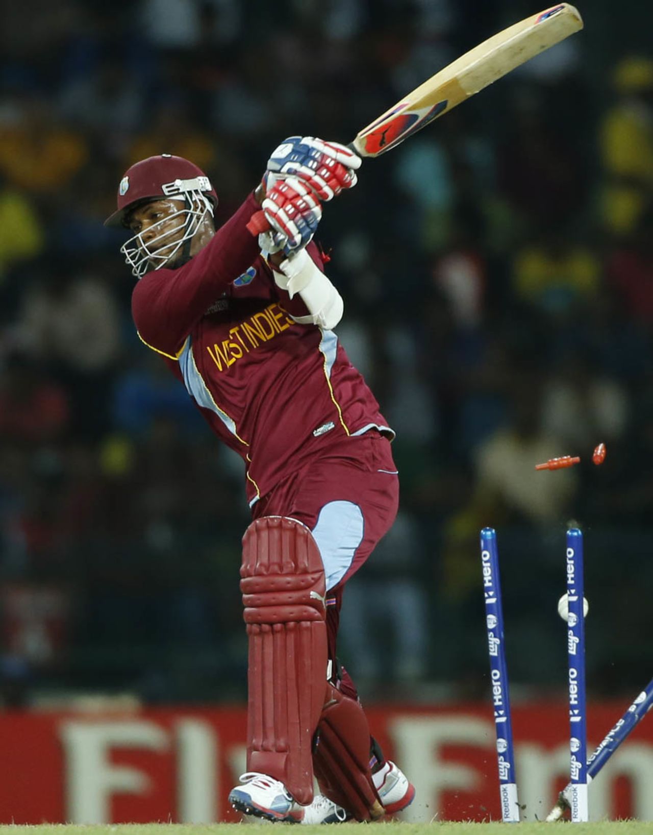 Marlon Samuels is bowled off a slower delivery by Pat Cummins, Australia v West Indies, 2nd semi-final, World Twenty20 2012, Colombo, October 5, 2012