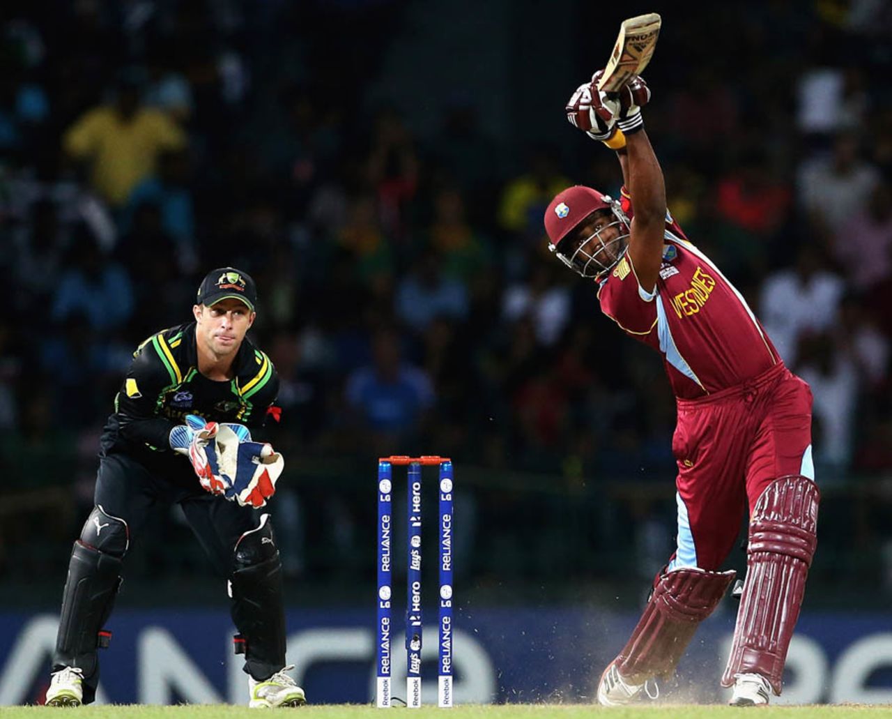 Dwayne Bravo hits a lofted shot, Australia v West Indies, 2nd semi-final, World Twenty20 2012, Colombo, October 5, 2012
