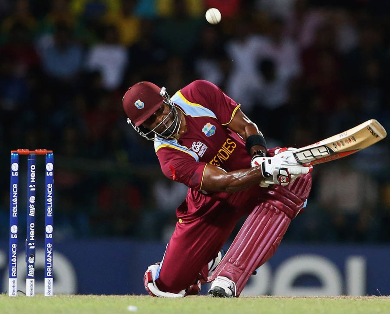 Kieron Pollard plays an unorthodox shot, Australia v West Indies, 2nd semi-final, World Twenty20 2012, Colombo, October 5, 2012