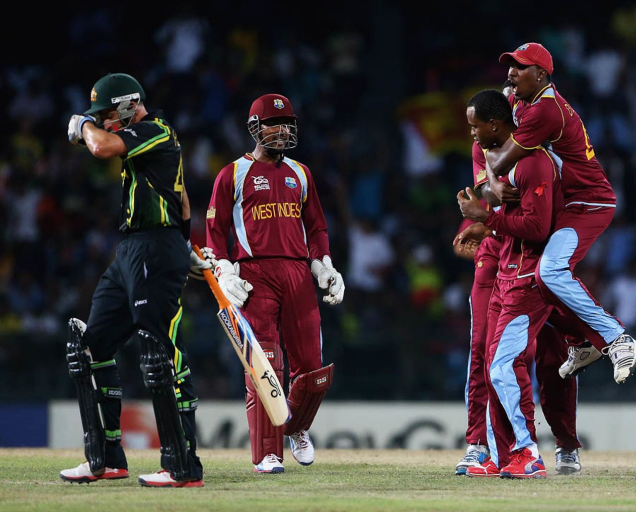 West Indies celebrate Michael Hussey's dismissal, Australia v West Indies, 2nd semi-final, World Twenty20 2012, Colombo, October 5, 2012
