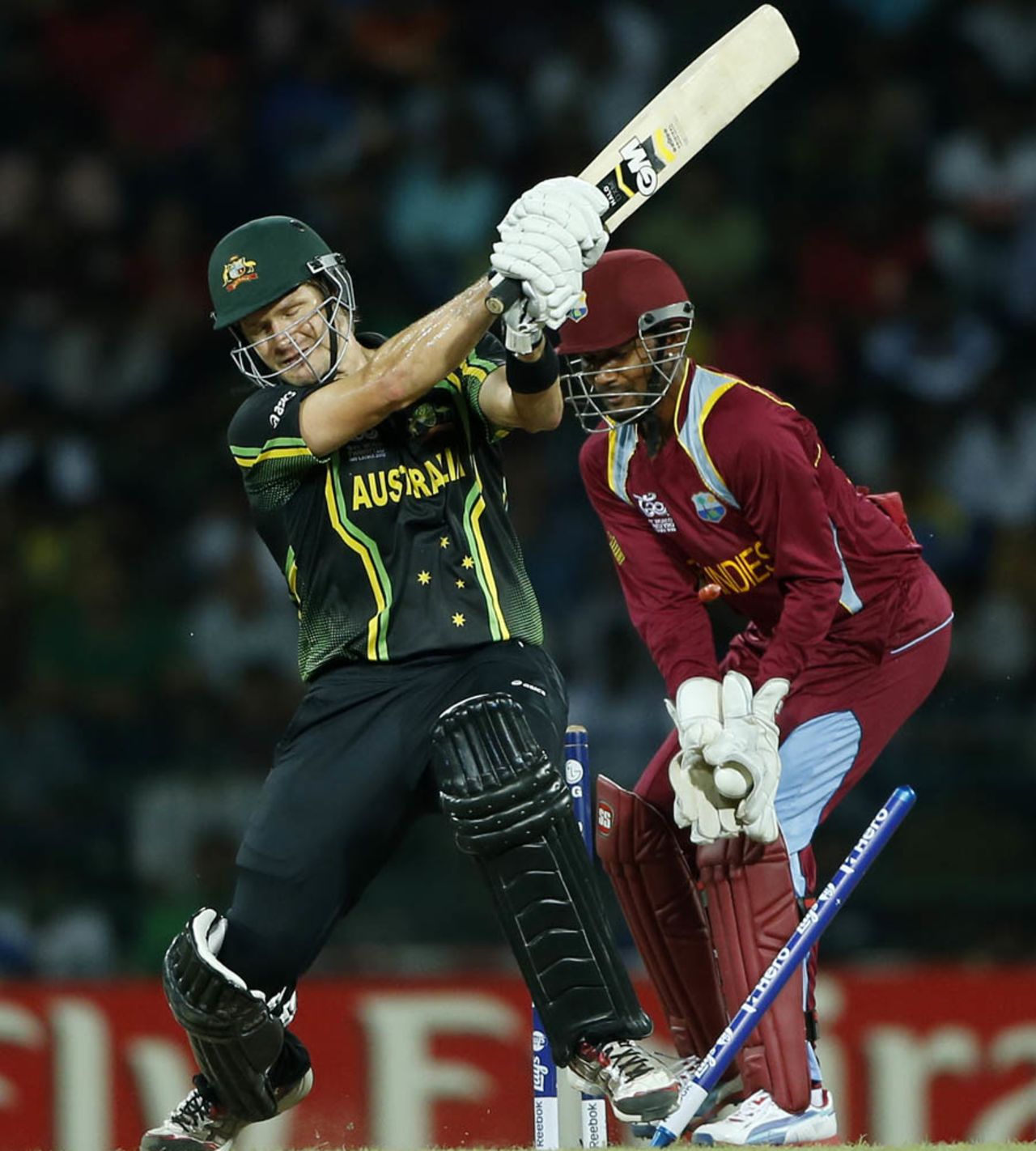 Shane Watson is bowled by Samuel Badree for seven, Australia v West Indies, 2nd semi-final, World Twenty20 2012, Colombo, October 5, 2012