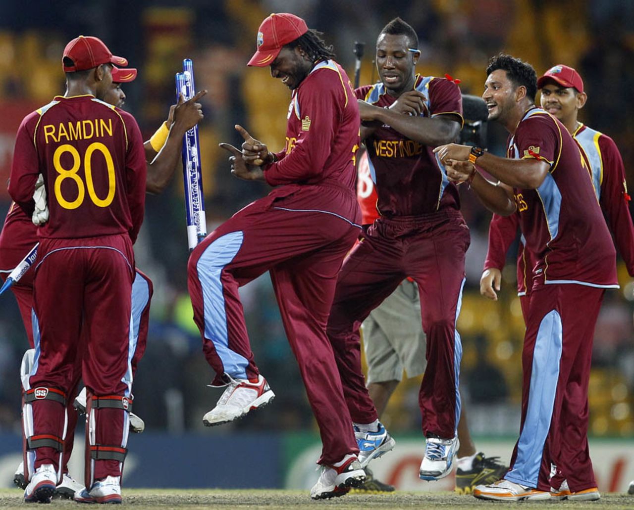 The West Indies team dances to celebrate victory over Australia, Australia v West Indies, 2nd semi-final, World Twenty20 2012, Colombo, October 5, 2012