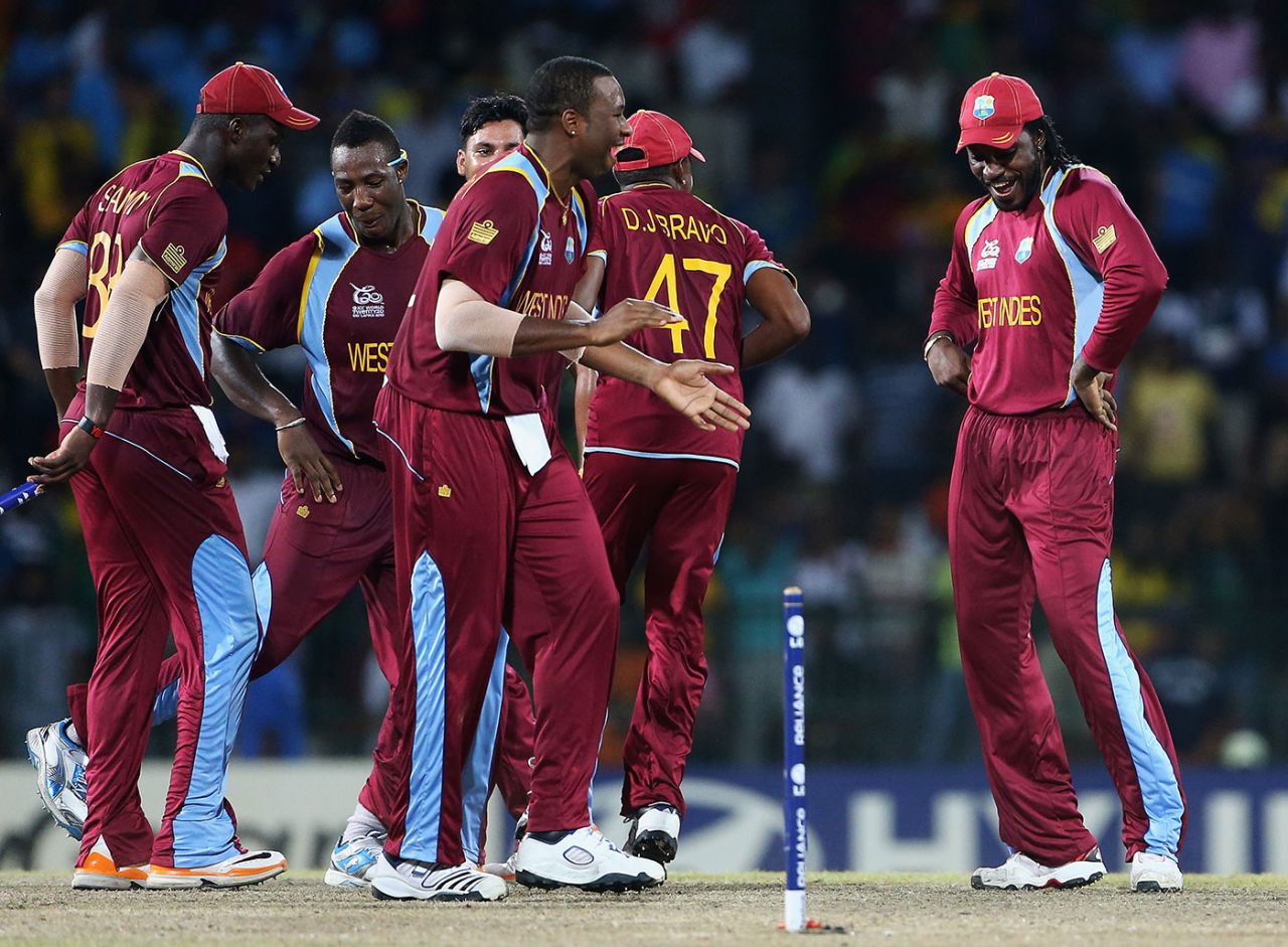 Chris Gayle and his team-mates enjoy the win over Australia, Australia v West Indies, 2nd semi-final, World Twenty20 2012, Colombo, October 5, 2012