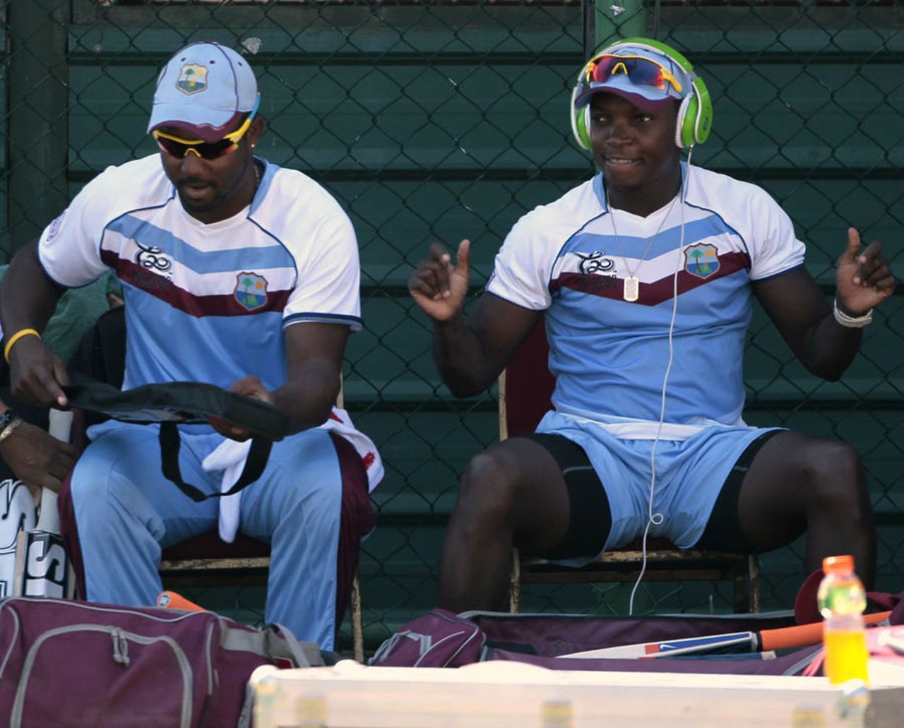 Dwayne Smith and Fidel Edwards at a training session ahead of the final, Colombo, October 6, 2012