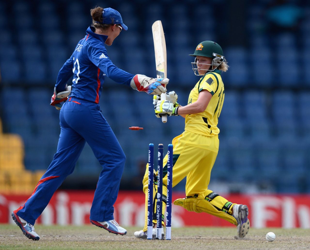 Alyssa Healy was bowled for 26, Australia v England, final, Women's World Twenty20, Colombo, October 7, 2012