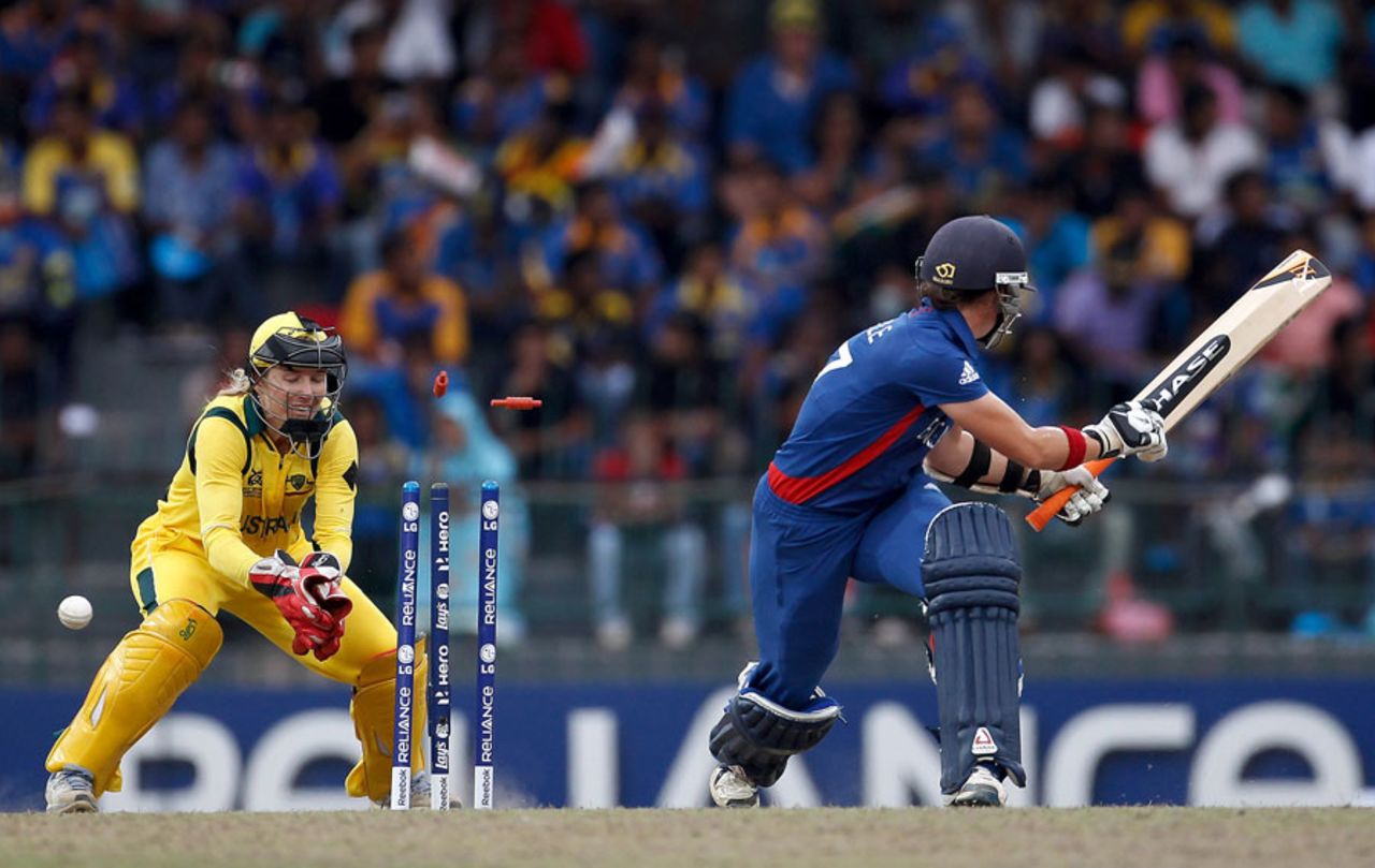 Arran Brindle is bowled, Australia v England, final, Women's World Twenty20, Colombo, October 7, 2012