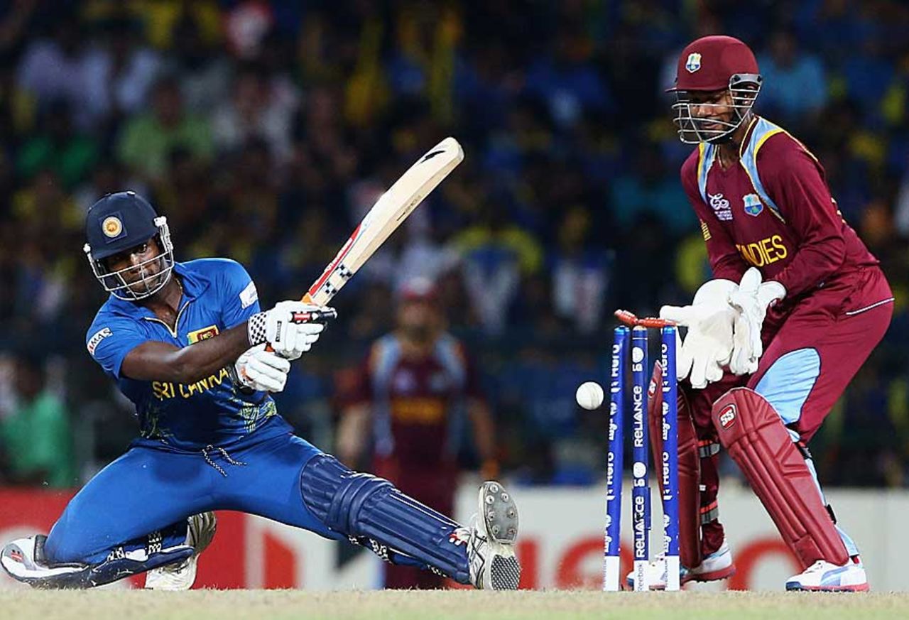 Angelo Mathews is bowled while trying to play the scoop, Sri Lanka v West Indies, final, World Twenty20, Colombo, October 7, 2012
