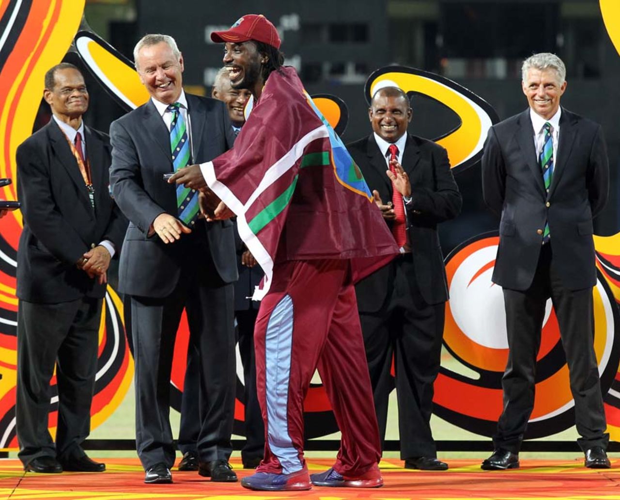 Chris Gayle smiles on his way to collecting the winners' medal, Colombo, October 7, 2012 