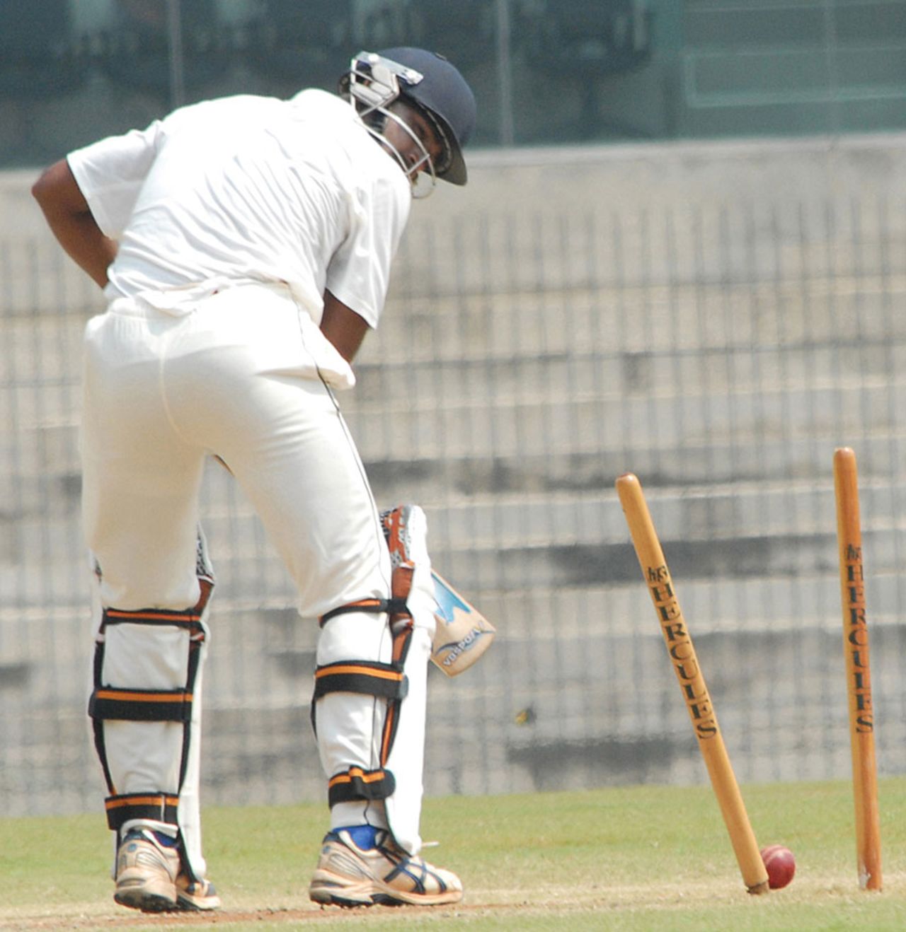 Murtuja Vahora loses his middle stump to Rishi Dhawan, North Zone v West Zone, quarter-final, Duleep Trophy, 3rd day, Chennai, October 8, 2012