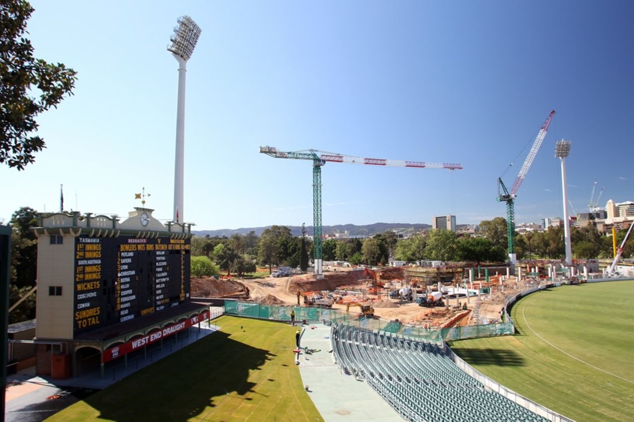 View of Adelaide Oval scoreboard during reconstruction work, October 9, 2012