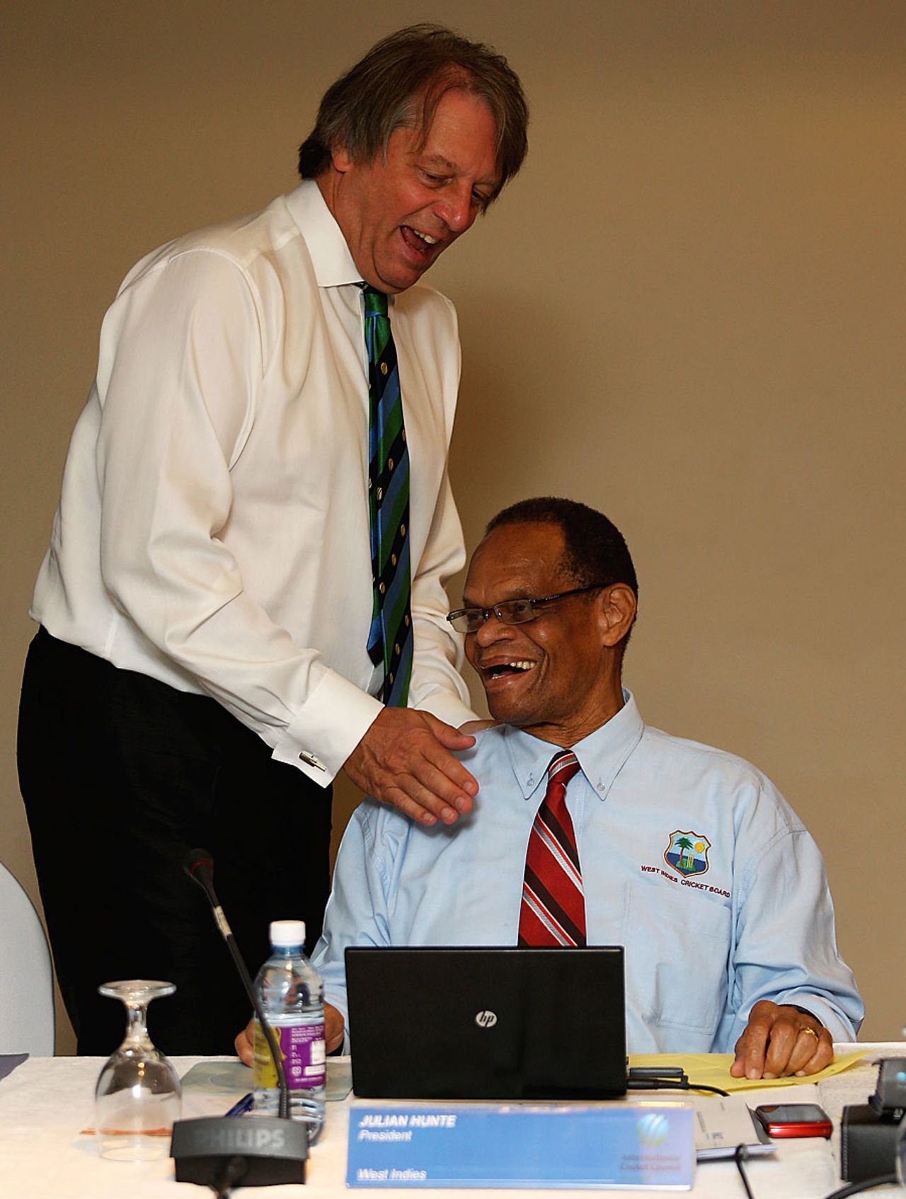 ECB chairman Giles Clarke shares a light moment with WICB president Julian Hunte, Colombo, October 9, 2012