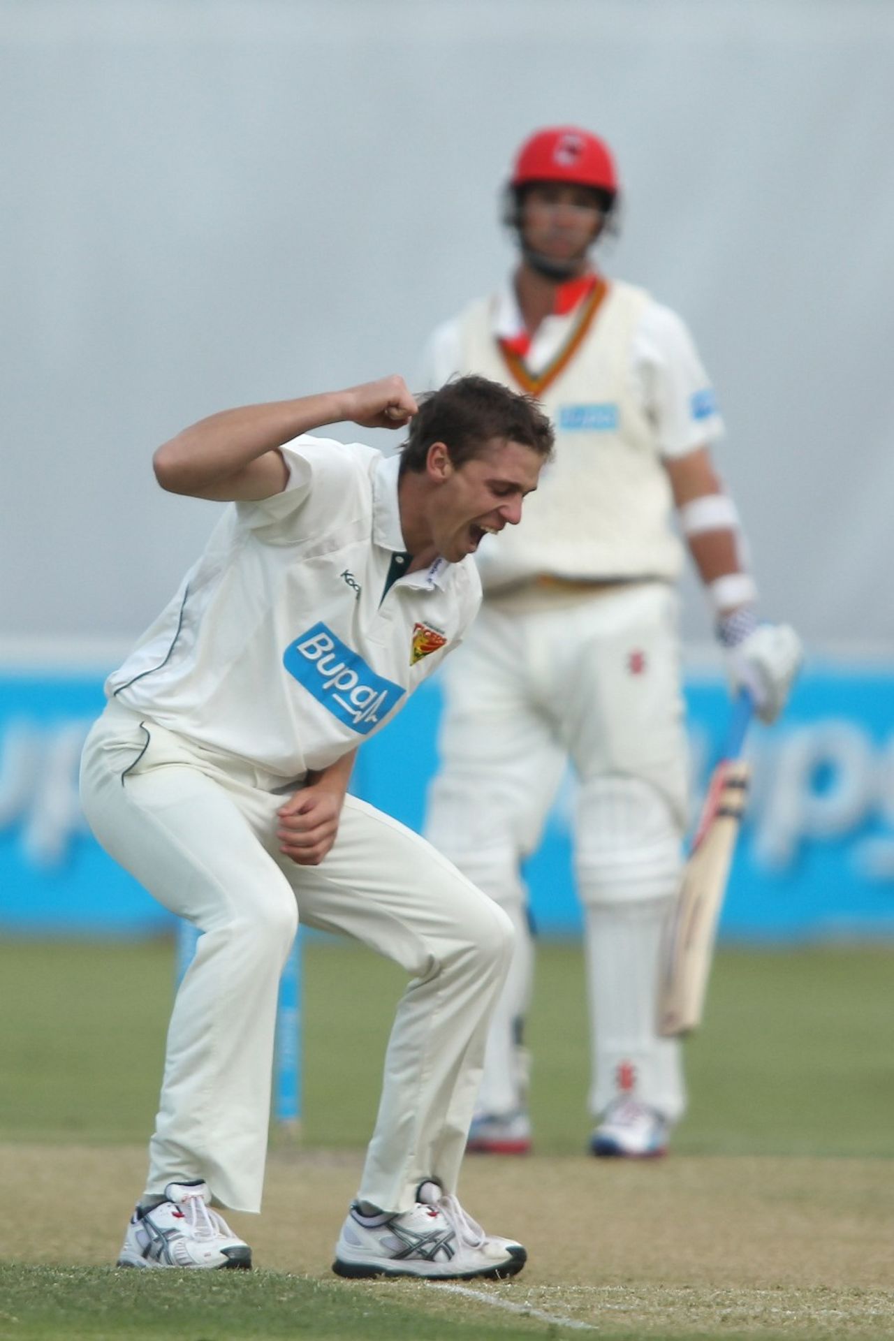 Luke Butterworth celebrates one of his five wickets, South Australia v Tasmania, Sheffield Shield, Adelaide, 2nd day, October 10, 2012