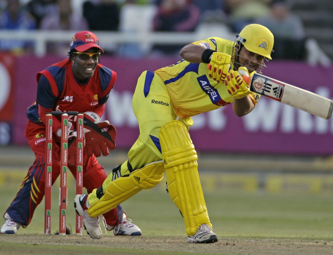 Suresh Raina plays off the front foot, Chennai Super Kings v Lions, Group B, Champions League Twenty20, Cape Town, October 16, 2012