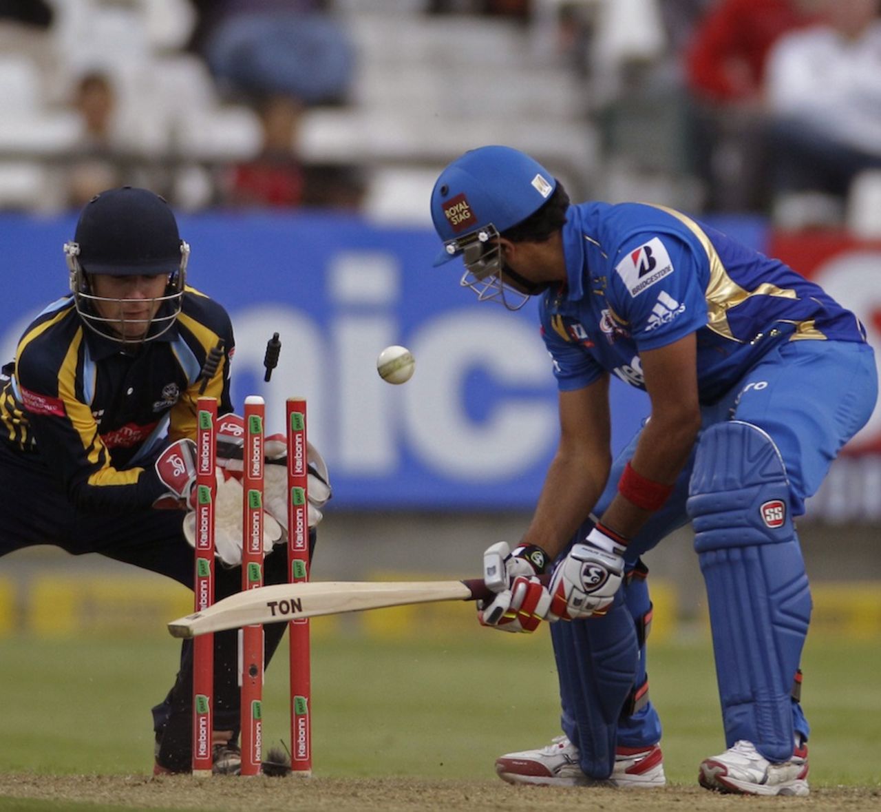 Rohit Sharma was out bowled to Azeem Rafiq, Mumbai Indians v Yorkshire, Group B, Champions League T20, Cape Town, October 18, 2012