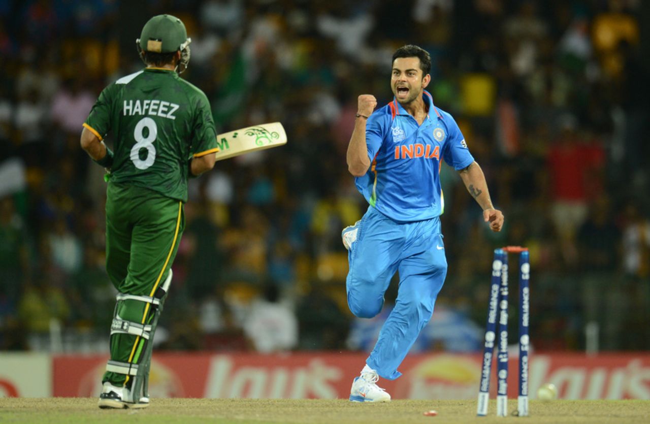 Virat Kohli celebrates the wicket of Mohammad Hafeez, India v Pakistan, Super Eights, World Twenty20, Colombo, September 30, 2012