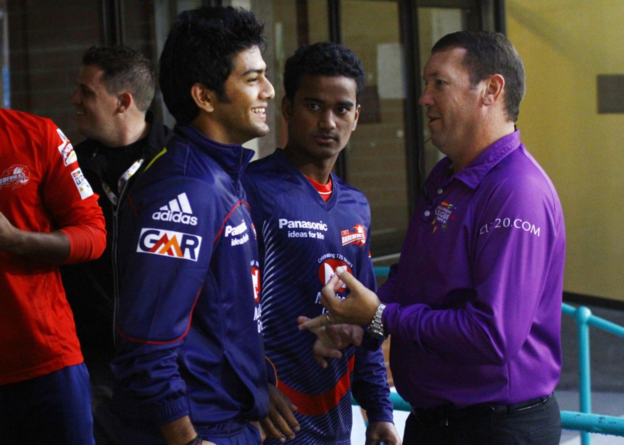 Delhi Daredevils' Unmukt Chand chats with umpire Johan Cloete, Auckland v DD, Group A, Champions League T20, Durban, October 19, 2012