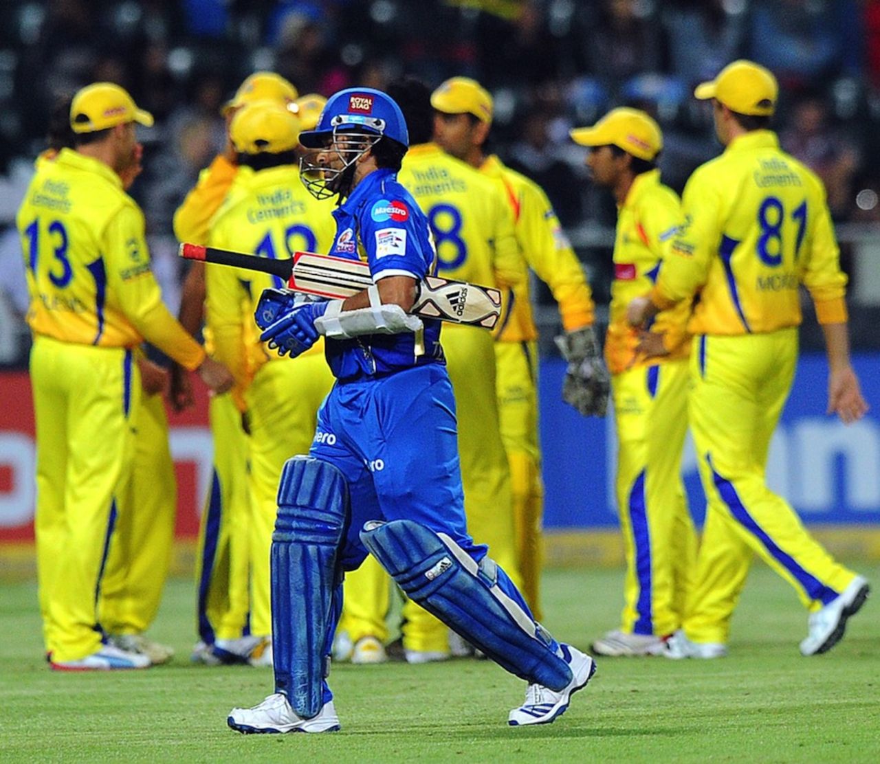 Sachin Tendulkar walks back after another disappointing day with the bat, Chennai Super Kings v Mumbai Indians, Group B, Champions League T20, October 20, 2012 