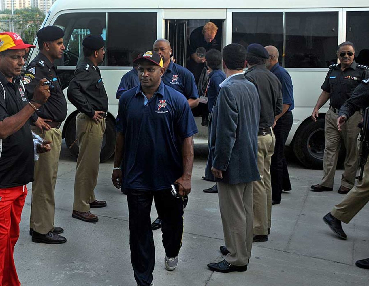 Sanath Jayasuriya arrives at the National Stadium in Karachi, Pakistan All Star XI v International XI, Karachi, October 20, 2012