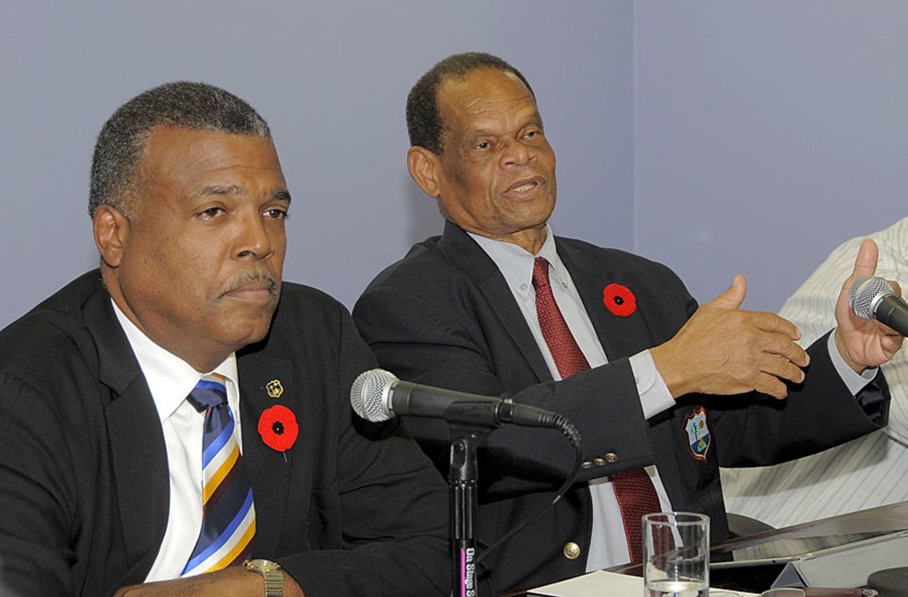 WICB CEO Michael Muirhead and president Julian Hunte speak at the Introductory Media Conference at Kensington Oval, Barbados, October 22, 2012 