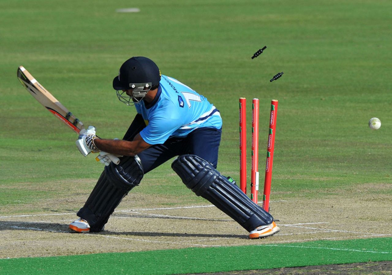 Ronnie Hira is bowled attempting an unorthodox shot, Auckland Aces v Perth Scorchers, Champions League T20, Centurion, October 23, 2012