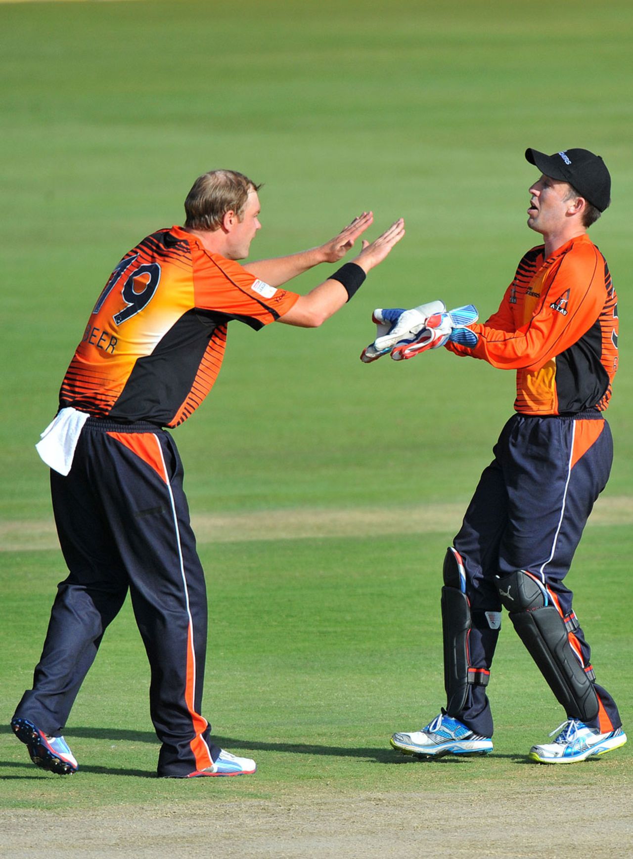 Michael Beer celebrates a wicket with Luke Ronchi, Auckland Aces v Perth Scorchers, Champions League T20, Centurion, October 23, 2012