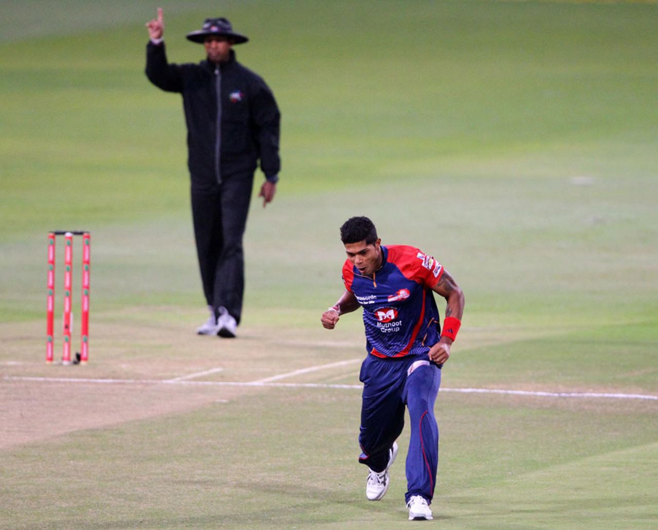 Umesh Yadav celebrates a wicket, Delhi Daredevils v Lions, 1st semi-final, Champions League T20, Durban, October 25, 2012