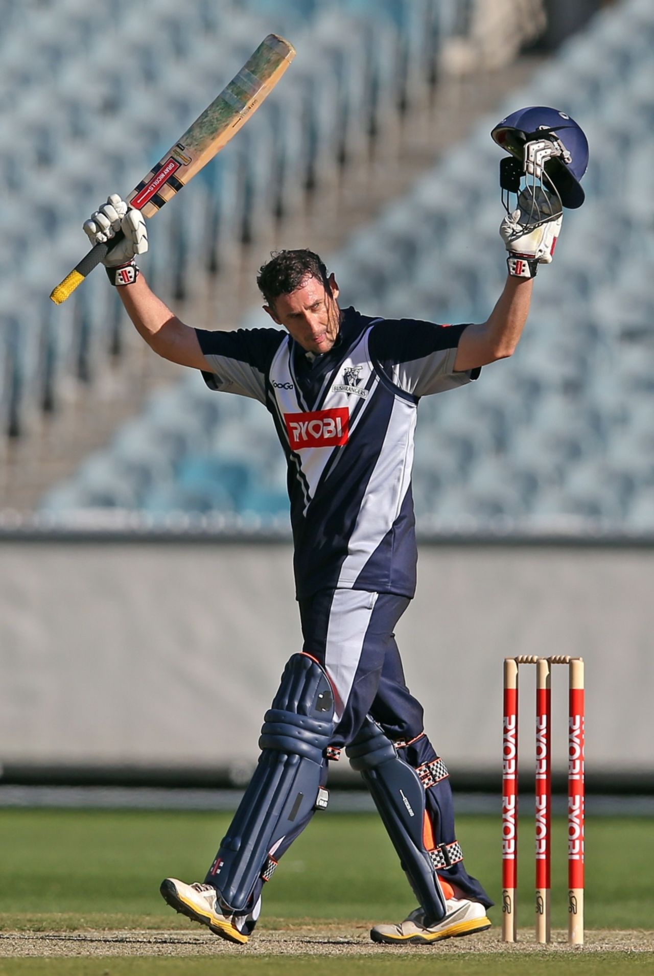 David Hussey celebrates his century, Victoria v Tasmania, Ryobi Cup, Melbourne, October 28, 2012