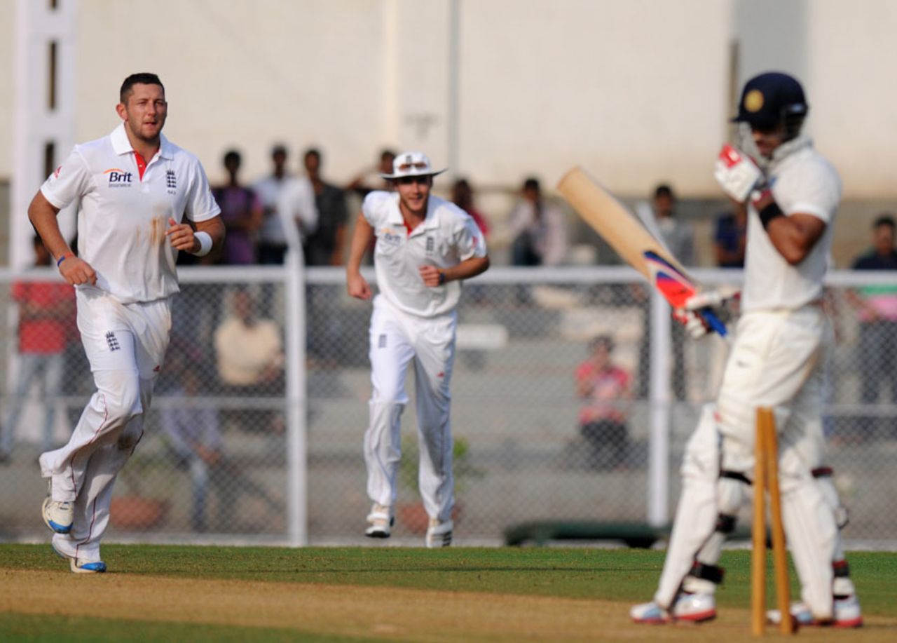 Tim Bresnan bowled Manoj Tiwary for 93, India A v England XI, tour match, Mumbai, 1st day, October 30, 2012