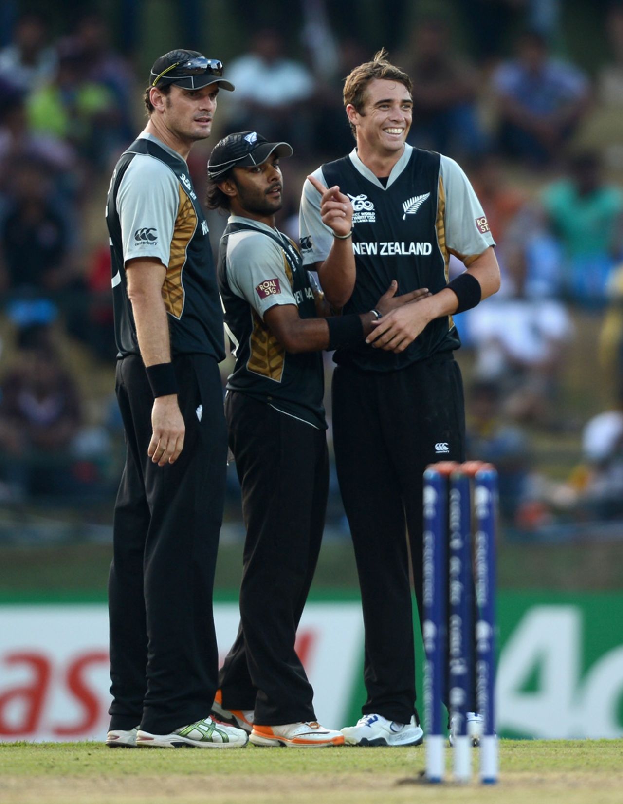 Tim Southee celebrates a wicket with Ronnie Hira and Kyle Mills, New Zealand v West Indies, Super Eights, World Twenty20 2012, Pallekele, October 1, 2012