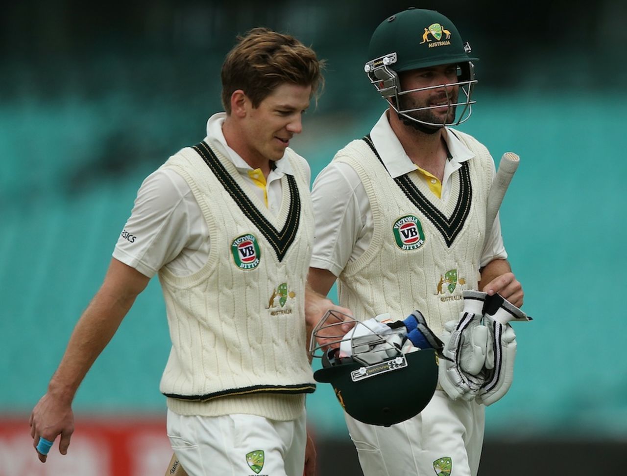 Alex Doolan and Tim Paine walk off after a 162-run stand, Australia A v South Africans, Sydney, 2nd day, November 3, 2012