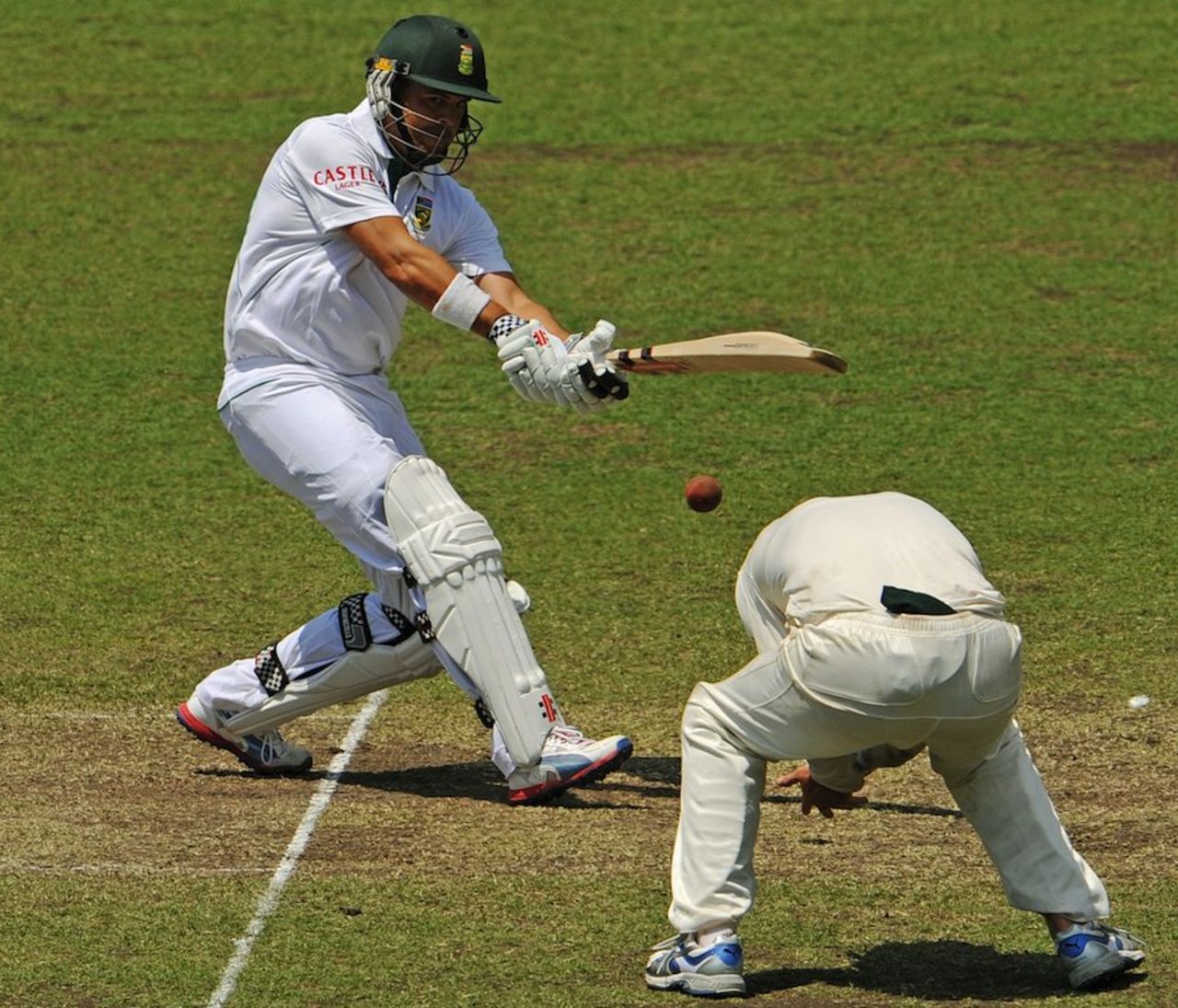 Jacques Rudolph makes the fielder at short leg duck, Australia A v South Africans, Sydney, 3rd day, November 4, 2012