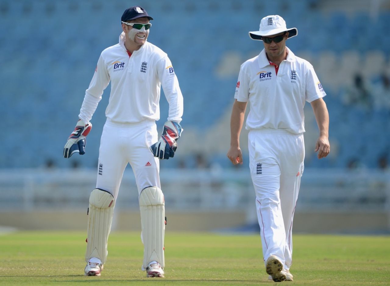 Jonny Bairstow and Jonathan Trott in the field, Mumbai A v England XI, 2nd day, Mumbai, November 4, 2012