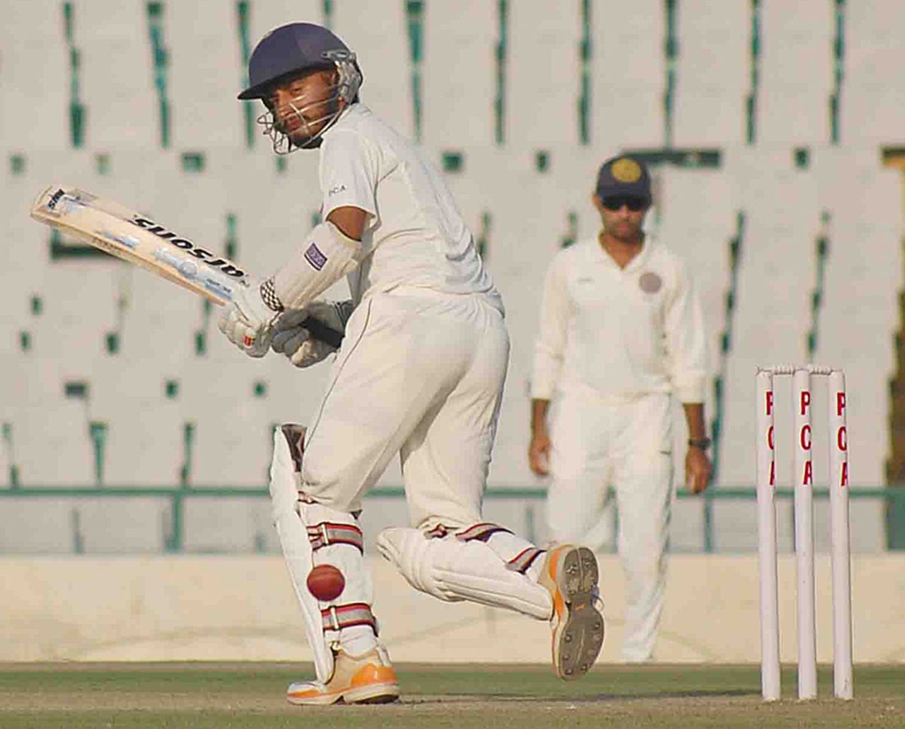 Jiwanjot Singh plays a ball towards the leg side, Punjab v Hyderabad, Group A, Ranji Trophy, Mohali, November 4, 2012
