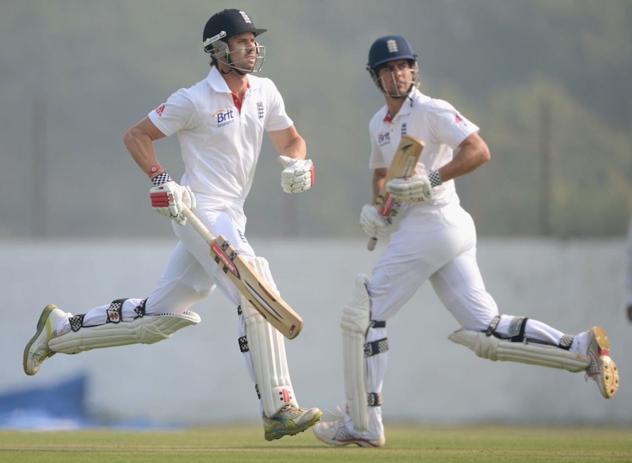 Nick Compton and Alastair Cook run during their 166-run stand, Haryana v England XI, 1st day, Ahmedabad, November 8, 2012