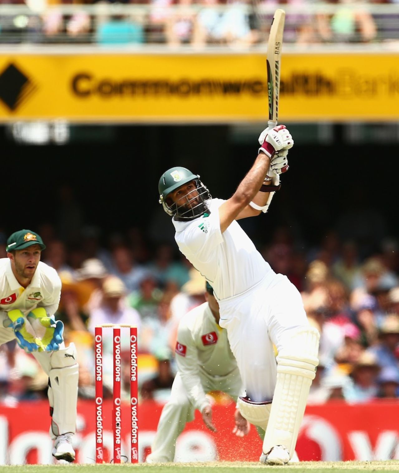 Hashim Amla hits Nathan Lyon for six, Australia v South Africa, 1st Test, Brisbane, 1st day, November 9, 2012