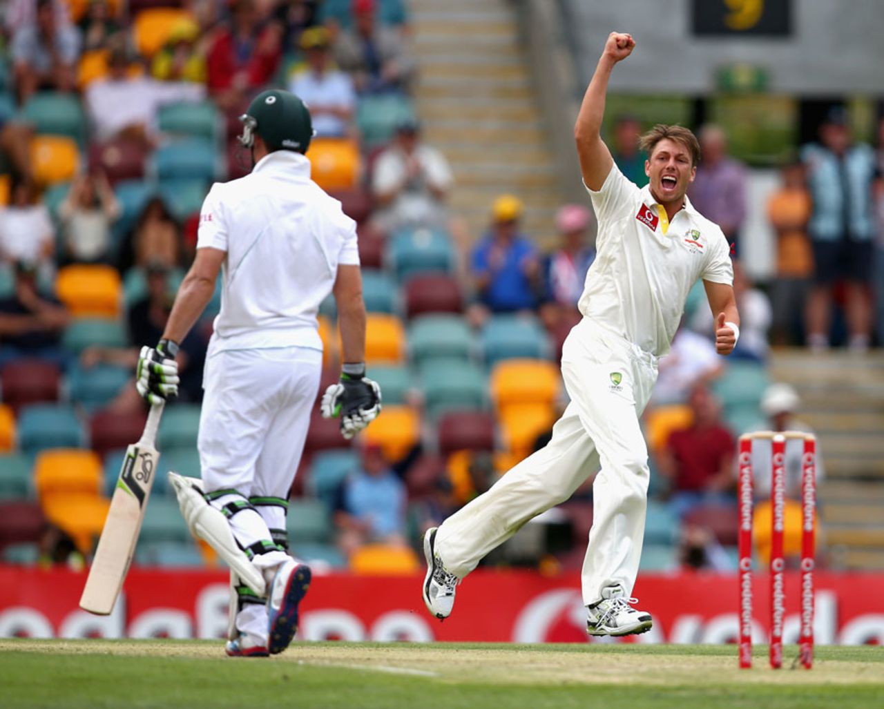 James Pattinson celebrates the dismissal of AB de Villiers, Australia v South Africa, first Test, day three, Brisbane, November 11, 2012
